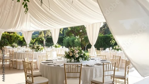 Elegant outdoor reception tent with round tables set for a celebration