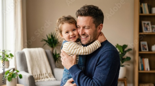 Father holding child in a family love scene representing parenting and a happy dad hug. This parenthood caring bond features