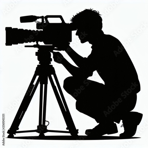 A Black Silhouette Of A Camera Operator Crouching Down And Looking Through The Viewfinder Of A Professional Video Camera Mounted On A Tripod Against A White Background