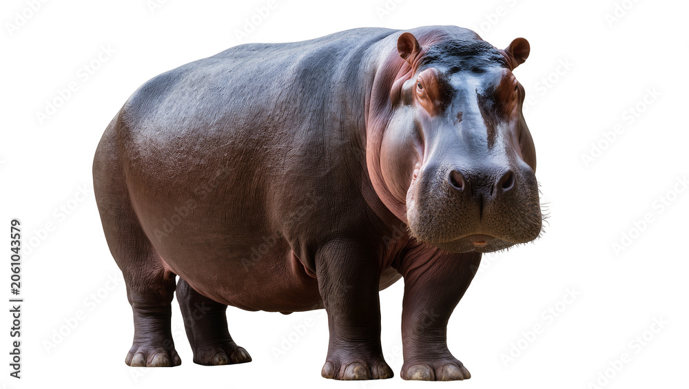 Fototapeta premium Hippopotamus standing front view full body, detailed skin texture