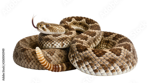 Foto Western Diamondback Rattlesnake coiled with tongue flicking