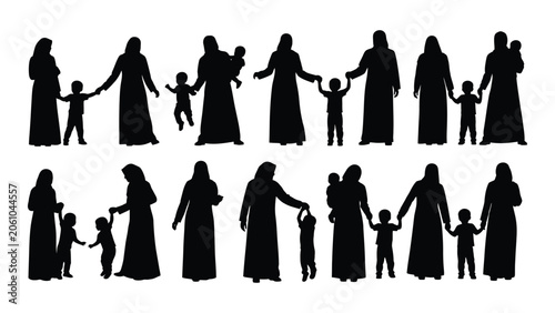Obraz na płótnie Family figures in long robes and children holding hands a black silhouette peopl