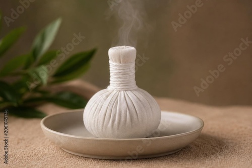 Warm herbal poultice wrapped in white cloth on a ceramic tray, steam rising.