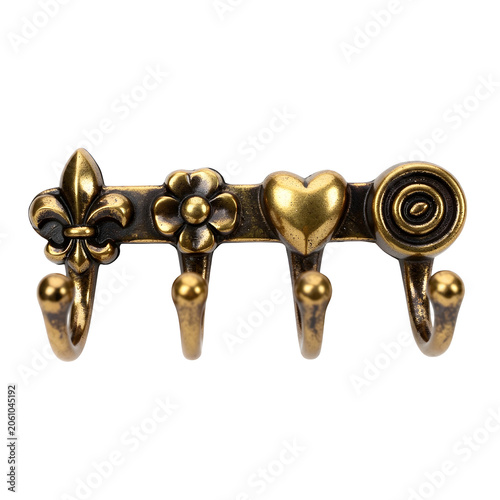 Decorative brass key hook rack with fleur de lis flower heart details isolated on transparent background