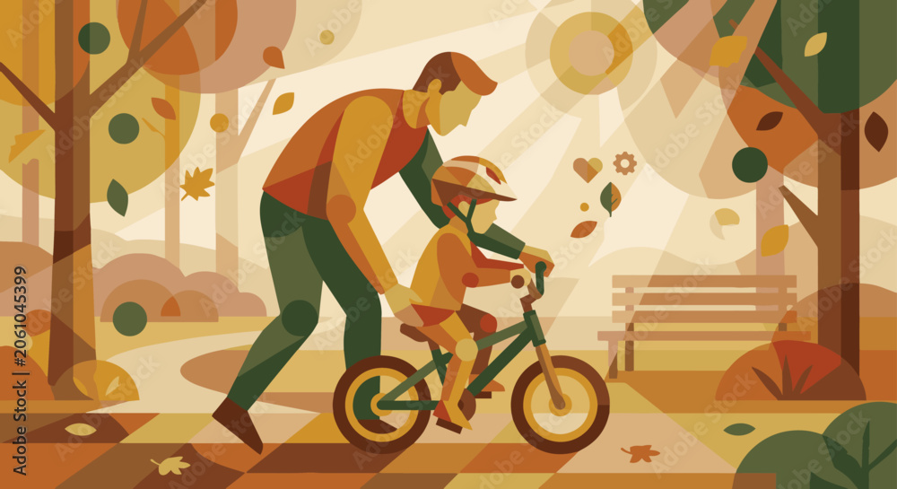 Naklejka premium A sophisticated depiction of a father teaching a child to ride a bike, using layered geometric shapes and varying opacity of warm autumnal tones