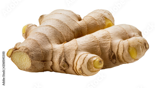 Photos Two fresh ginger roots with textured skin and yellow flesh