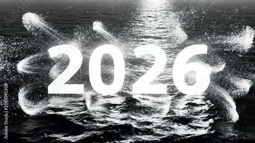 A grayscale image of a body of water with the year '2026' superimposed