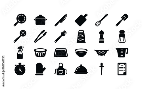Cafe kitchen cooking utensils and gourmet table service items clean solid filled vector icon set showing exactly 24 unique kitchen