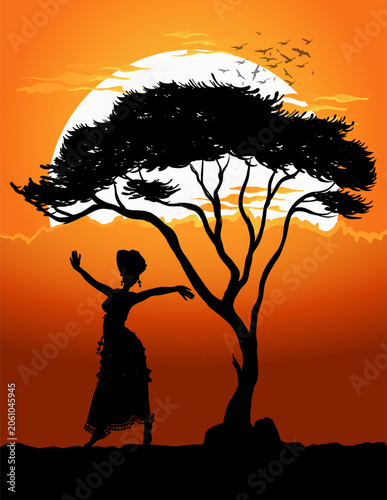 Silhouette of dancing woman standing near large acacia tree, on grass, against backdrop of dramatic orange sunset sky, perfect for travel posters, culture themed designs, dance concepts, artistic wall