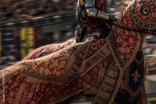 A medieval caparison billowing in the wind with vibrant colors.