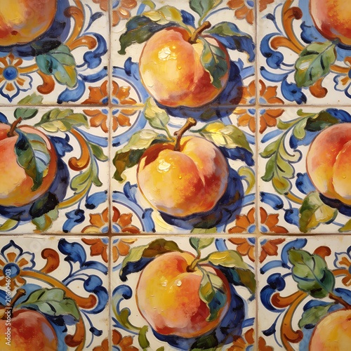 Seamless Hand-Painted Mediterranean Style Ceramic Tile Pattern with Ripe Peaches and Decorative Floral Scrolls
