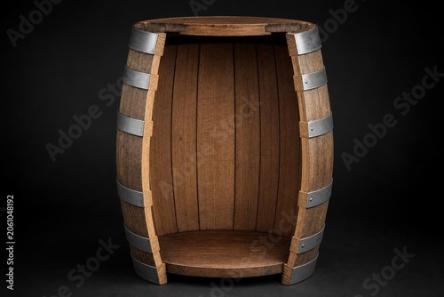 Cross-section of a wooden barrel with metal hoops against a dark background.