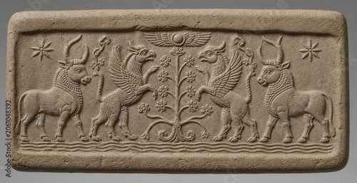 A detailed impression from a cylinder seal on clay, showing stylized mythological animals.