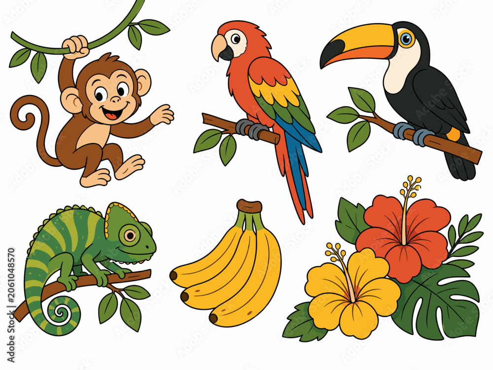Obraz premium Cute cartoon jungle animals and tropical elements on a white background