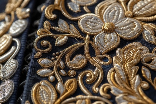 Intricate floral and geometric embroidery on charro jacket, gold and silver thread detail.