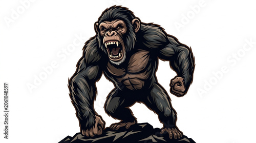 Photography Angry aggressive chimpanzee roaring roaring on a rock vector illustration