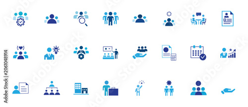 Human resources icon set, 24 business management and recruitment vector symbols, blue corporate team building and workforce icons for web design