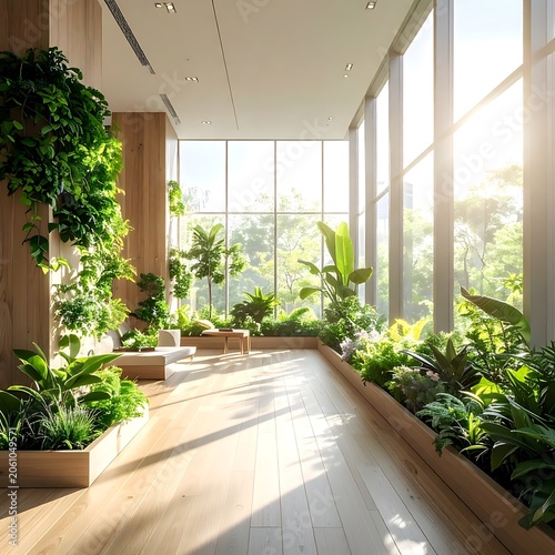 A serene indoor garden with lush greenery and natural light