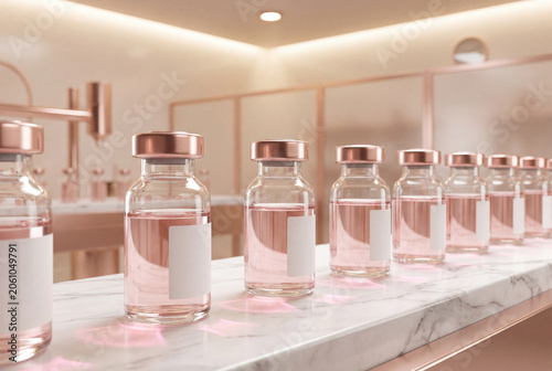 Luxurious glass vials with rose-gold caps and pink serum on a marble counter. Elegant, modern and clean setup perfect for premium beauty, cosmetics, skincare, or luxury healthcare concepts.