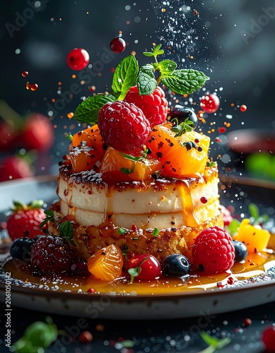 A vibrant dessert with fresh fruits and powdered sugar
