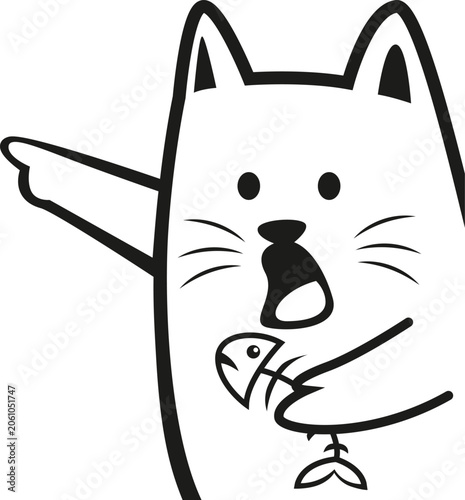 a cat holding a fish bone while pointing to the right vector cartoon illustration