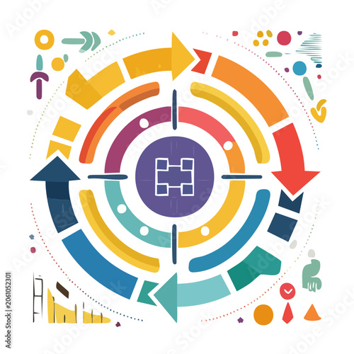 Colorful circular diagram with arrows and abstract shapes