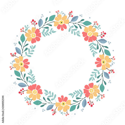 Flat design floral wreath with flowers and leaves