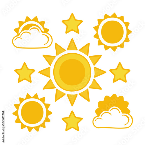 Flat design sun, stars, and clouds icons