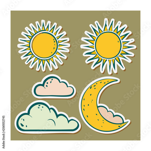 Flat Design Sun Moon and Clouds Illustration