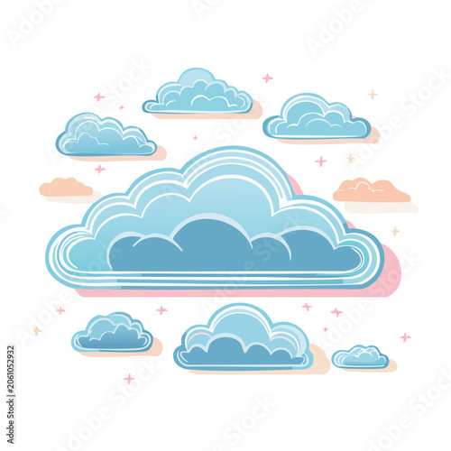 Whimsical flat design clouds and stars illustration