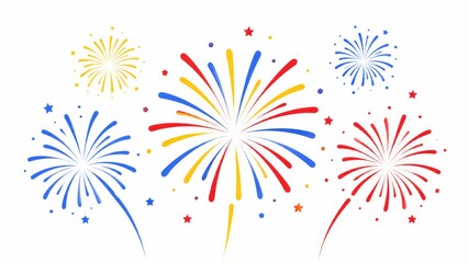 Cheerful, illustrated fireworks with red, blue, and yellow star patterns explode against a white background, creating a festive design for Independence Day celebrations and holidays
