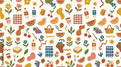 Cute illustration of fruits, drinks, sandwiches, and picnic baskets with flowers under a happy sun