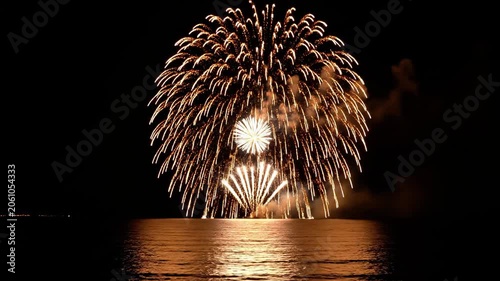 A vibrant firework explodes over calm water at night