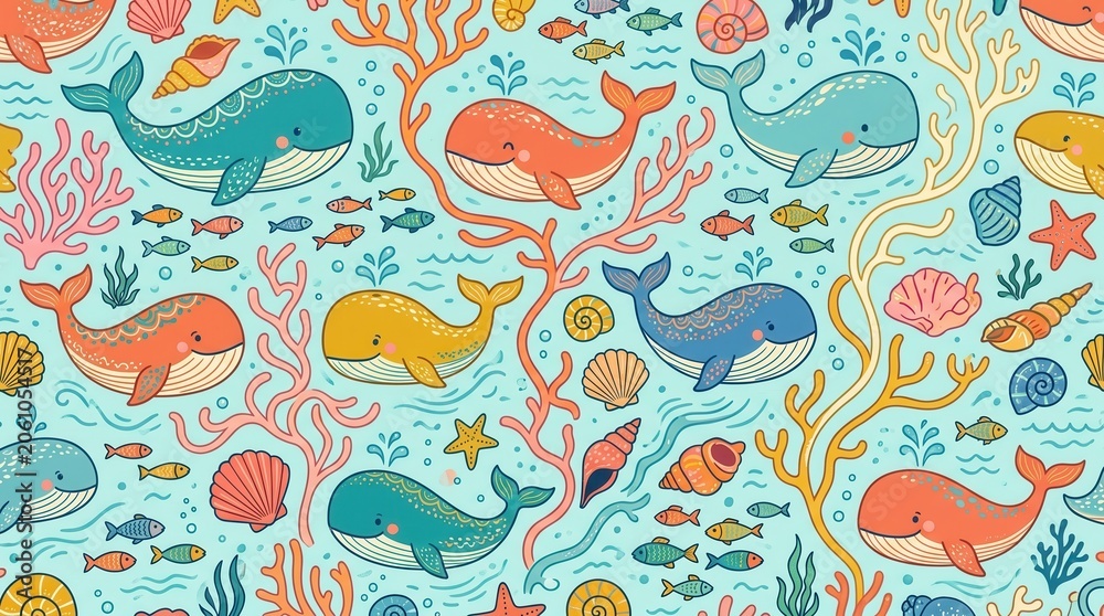 Fototapeta premium Whales, fish, coral, and shells create a delightful underwater animated pattern
