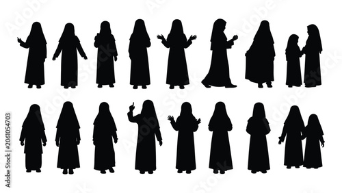 Fotografie Collection Of Nun Silhouettes In Various Poses Against A White Background Silhou