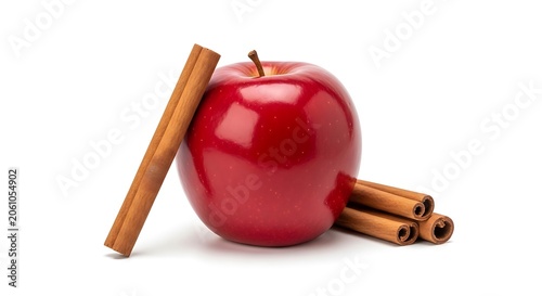Glossy red apple with cinnamon sticks on white background stock photo