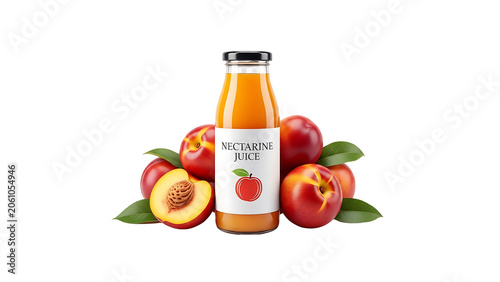 Fresh Peach Juice Bottle with Whole and Halved Peaches