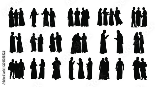 Fotografie Collection of people silhouettes in traditional robes depicted as dark shapes ag
