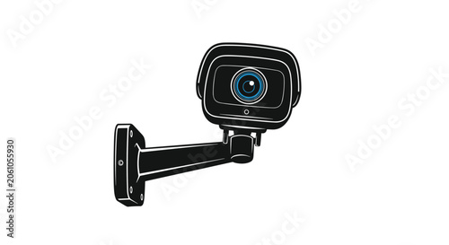Black security surveillance camera mounted on a bracket with a blue lens detail for monitoring and protection.