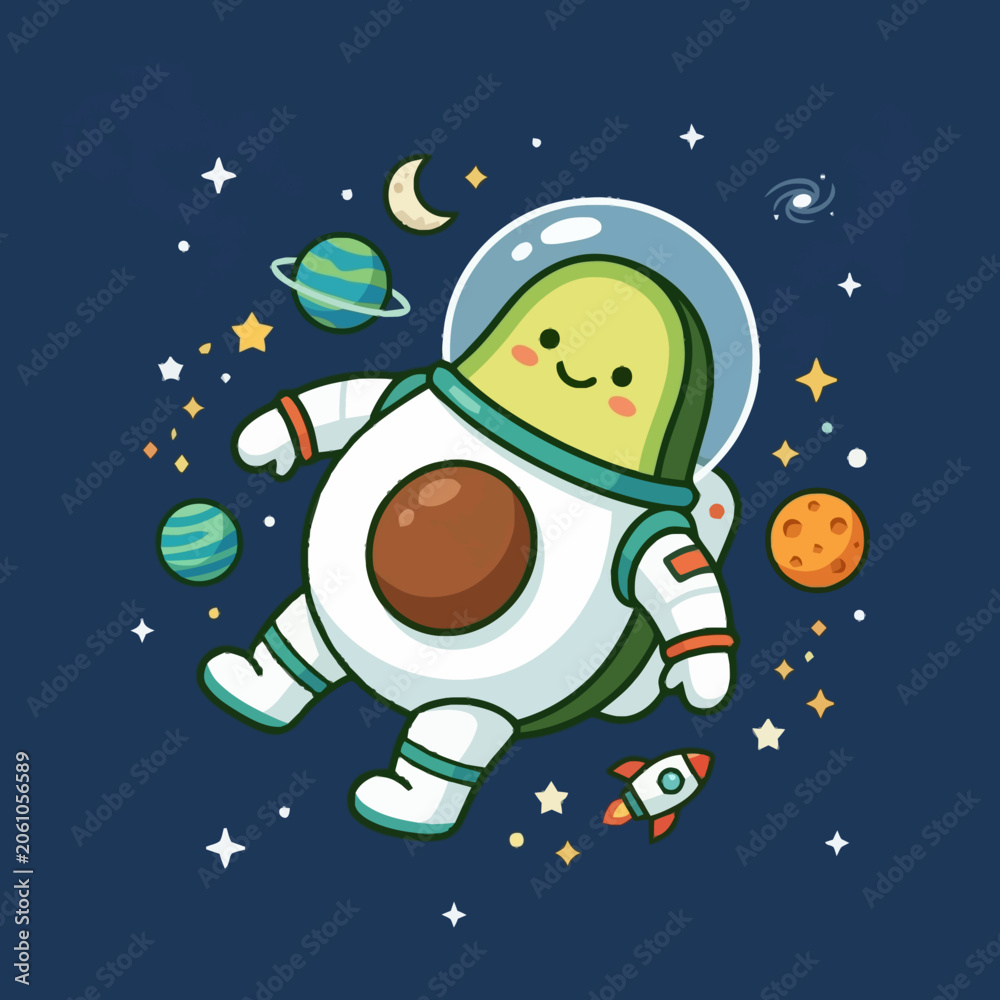 Fototapeta premium Cute avocado astronaut floating in space with planets and stars.