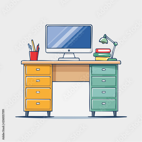 Desk with Computer, Lamp, Books, and Supplies