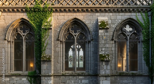 Gothic arched windows on stone facade with green ivy overgrowth