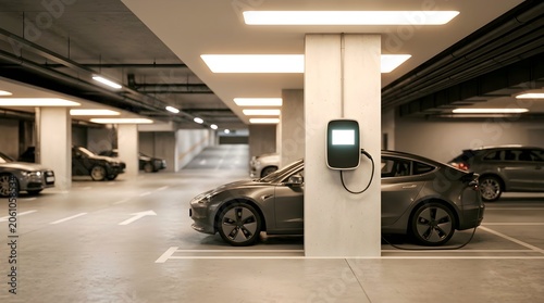 Electric vehicle charging station in modern luxury apartment underground parking garage facilit