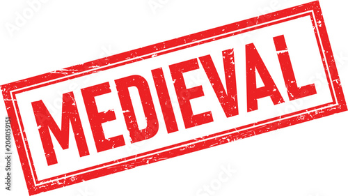 Φωτογραφία Distressed red rubber stamp imprint reads MEDIEVAL in bold white sans serif lett