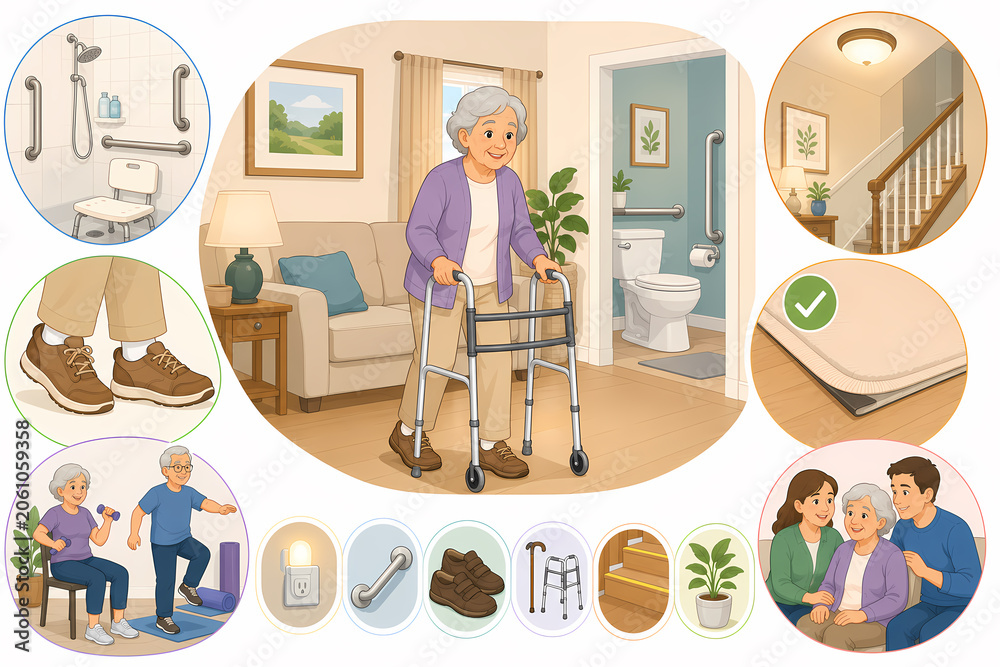 Fototapeta premium Senior fall prevention home safety illustration