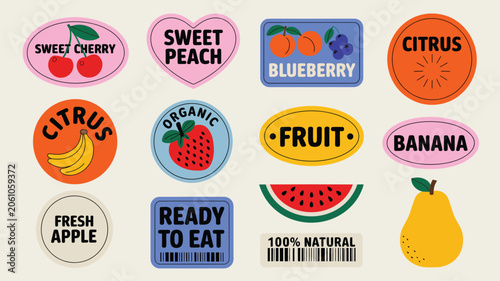 Vintage style collection of colorful fruit labels and organic food stickers for branding