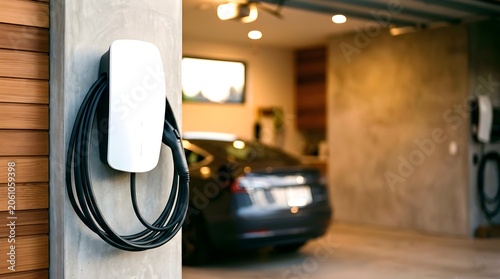 Modern electric vehicle wallbox charging station with a clean minimalistic design installed on