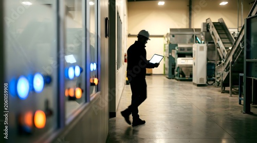Professional facility manager walking down a bright modern office corridor while performing a
