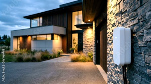 Sleek modern EV wallbox charger installed on a decorative stone wall of a luxury residential