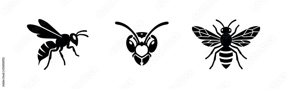 Fototapeta premium Three black silhouette wasp icons, depicting a flying wasp, head, and winged insect.